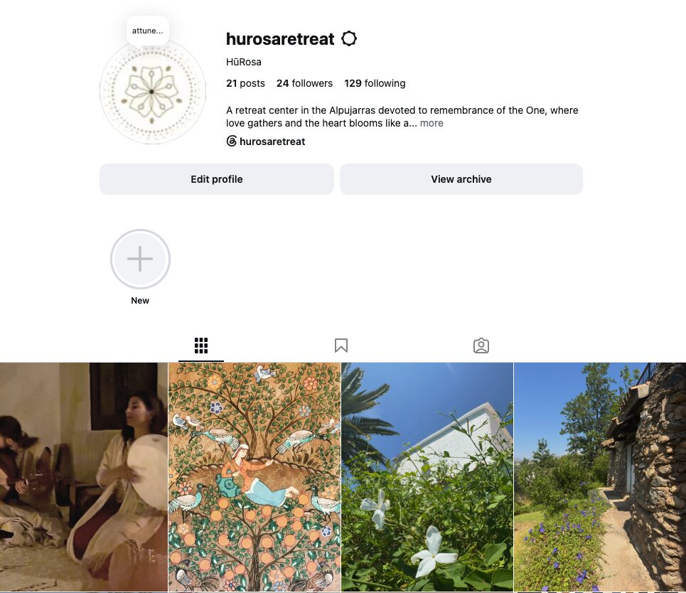 HūRosa Retreat Center Instagram profile and first row of posts